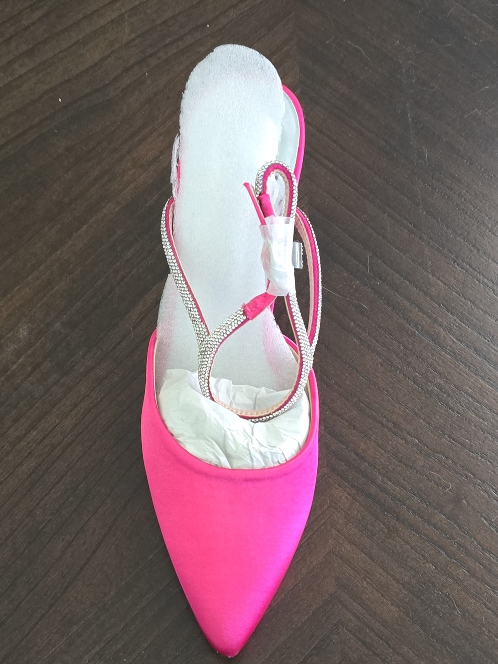 Coutgot  Pink Satin Pointed Toe Mule Heels with Rhinestone Straps – Size 7 (New)